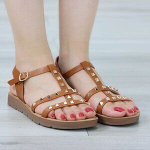 Brown Gladiator Sandals Gold Studded Straps Buckle Closure Open Toe Flats